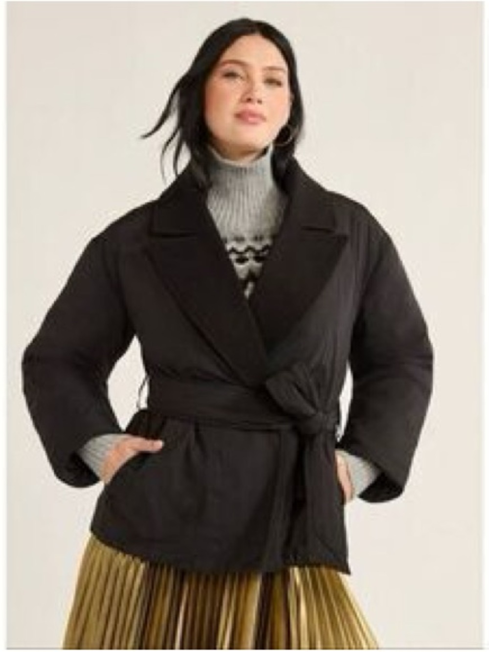 Women's Black Belted Wrap Puffer Jacket